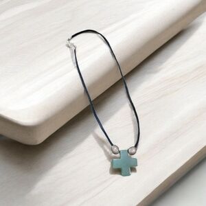 Black Corded and Green Stone Cross Necklace